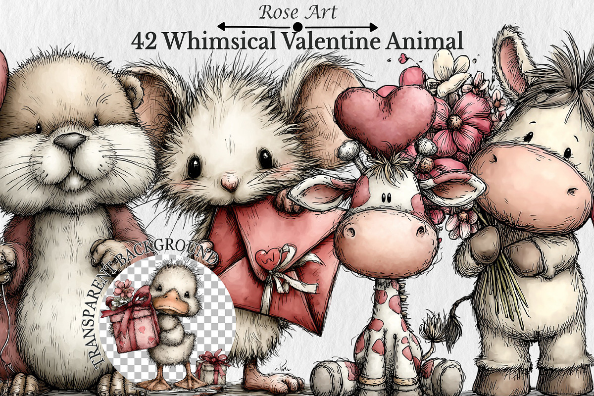 Whimsical Valentine Animal Clipart, a Seasonal Illustration by Rose Art (Photo 1 of 7)