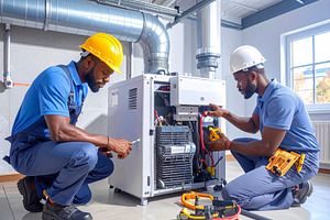 HVAC professionals conducting furnace repair and technical diagn, an Industrial Photo by DanFLCreativo