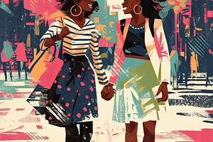 Two young friends enjoying a vibrant city walk with colorful surroundings, a Photo by AS photostudio