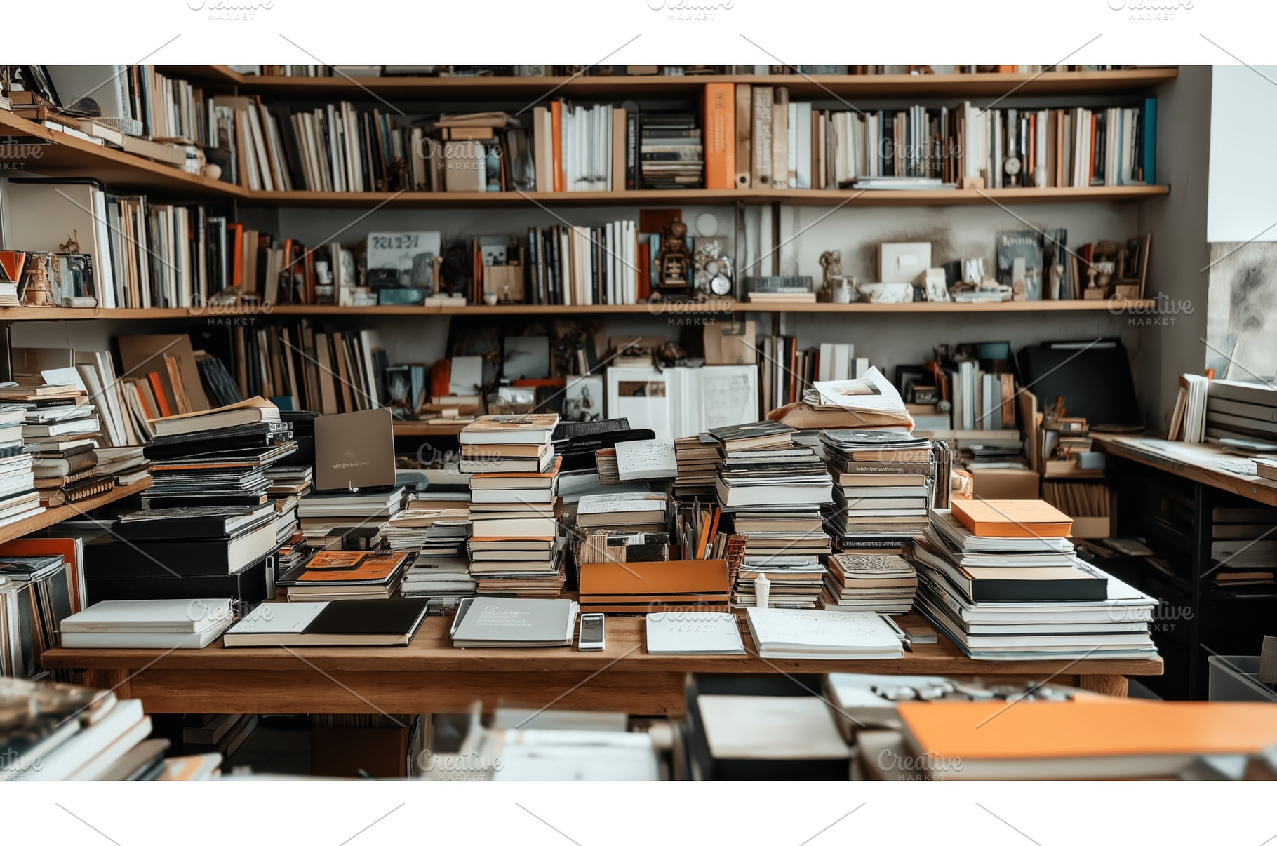 Cluttered study room with stacks of, a School & Education Photo by Sergey Kotenev