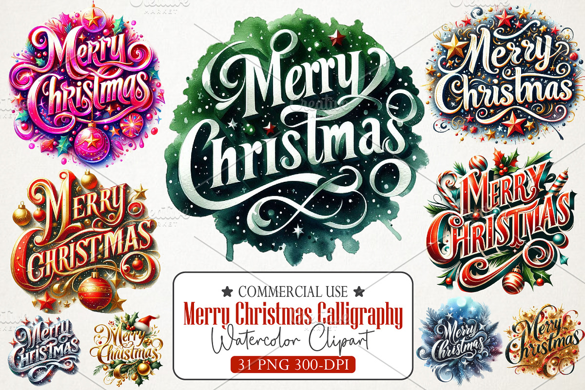 Merry Christmas Calligraphy Clipart, an Illustration by RobertsArt