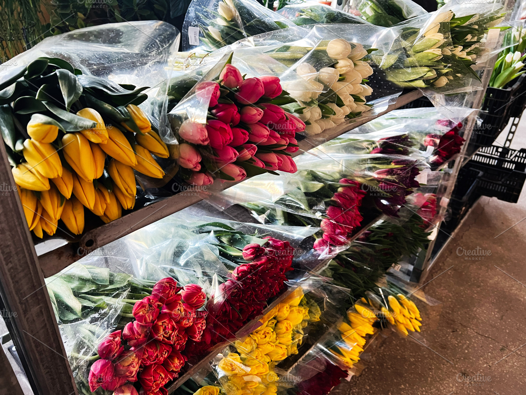 Colorful bouquets of tulips in vibrant hues displayed inside a floral shop, a Photo by AS photostudio