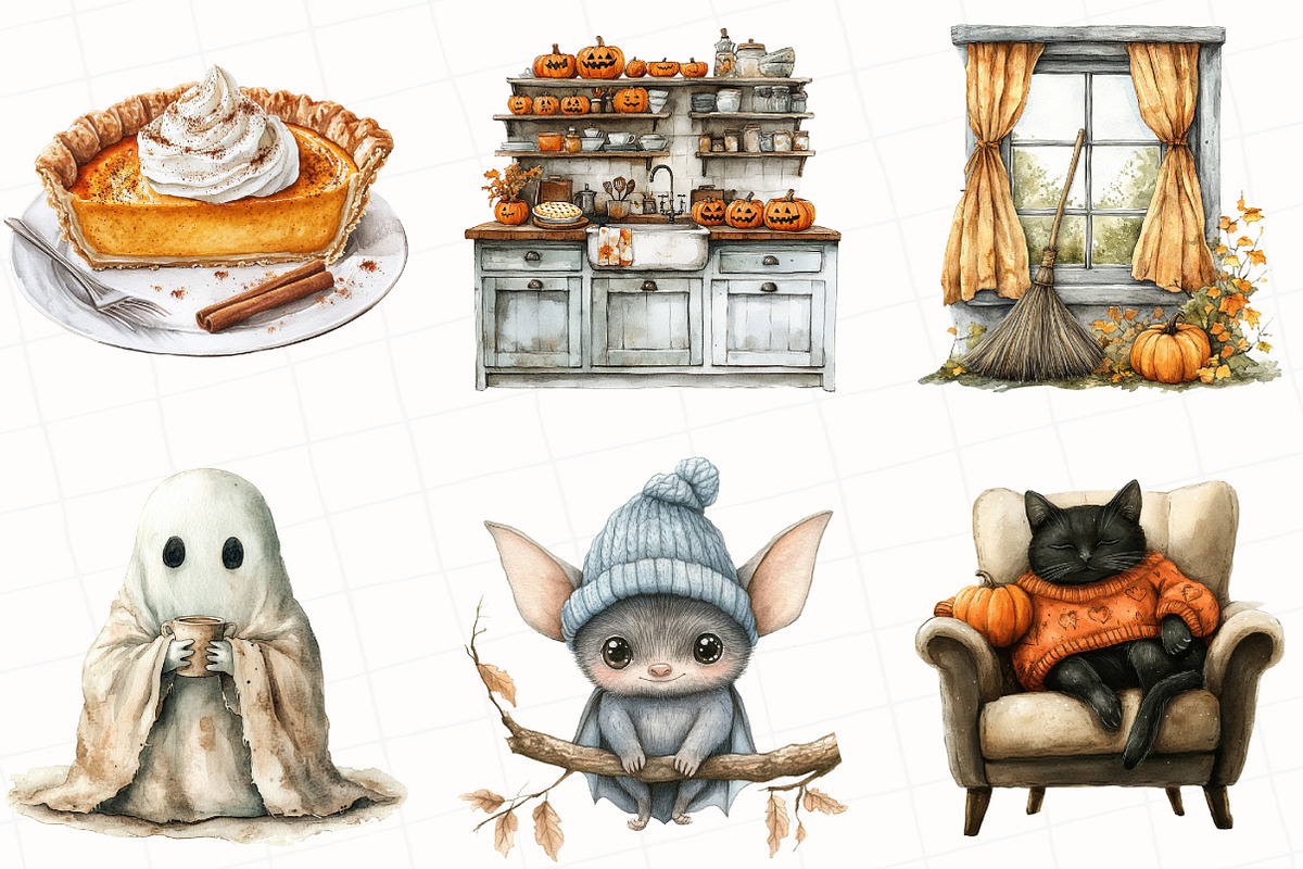 Watercolor Cozy Halloween Clipart, an Illustration by OK Design (Photo 5 of 5)
