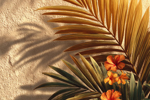 Tropical palm leaves and hibiscus flowers with warm sunlight sha, a Beauty & Fashion Photo by José Manuel Gelpi