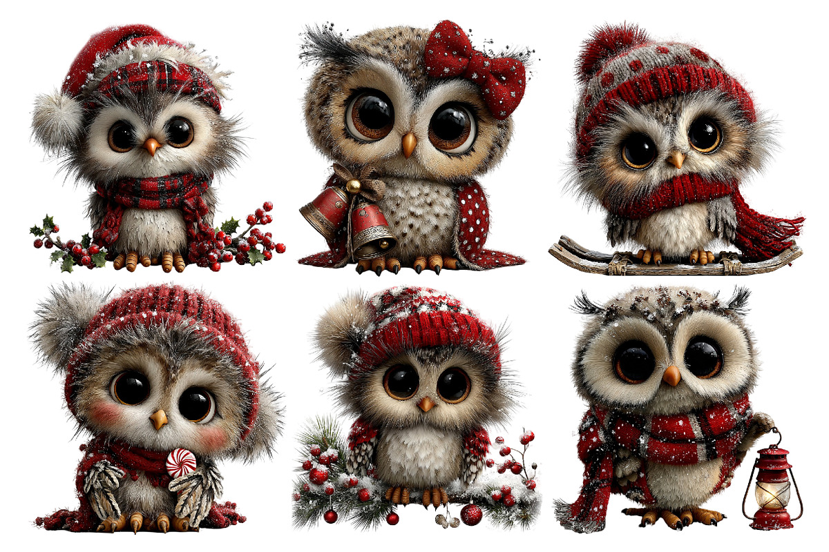 Whimsical Christmas Owl Clipart, an Animal Illustration by Creative Art (Photo 5 of 6)