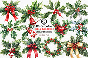 Watercolor Holly & Berries Clipart, an Illustration by Canvas Craft (Thumbnail 1 of 8)