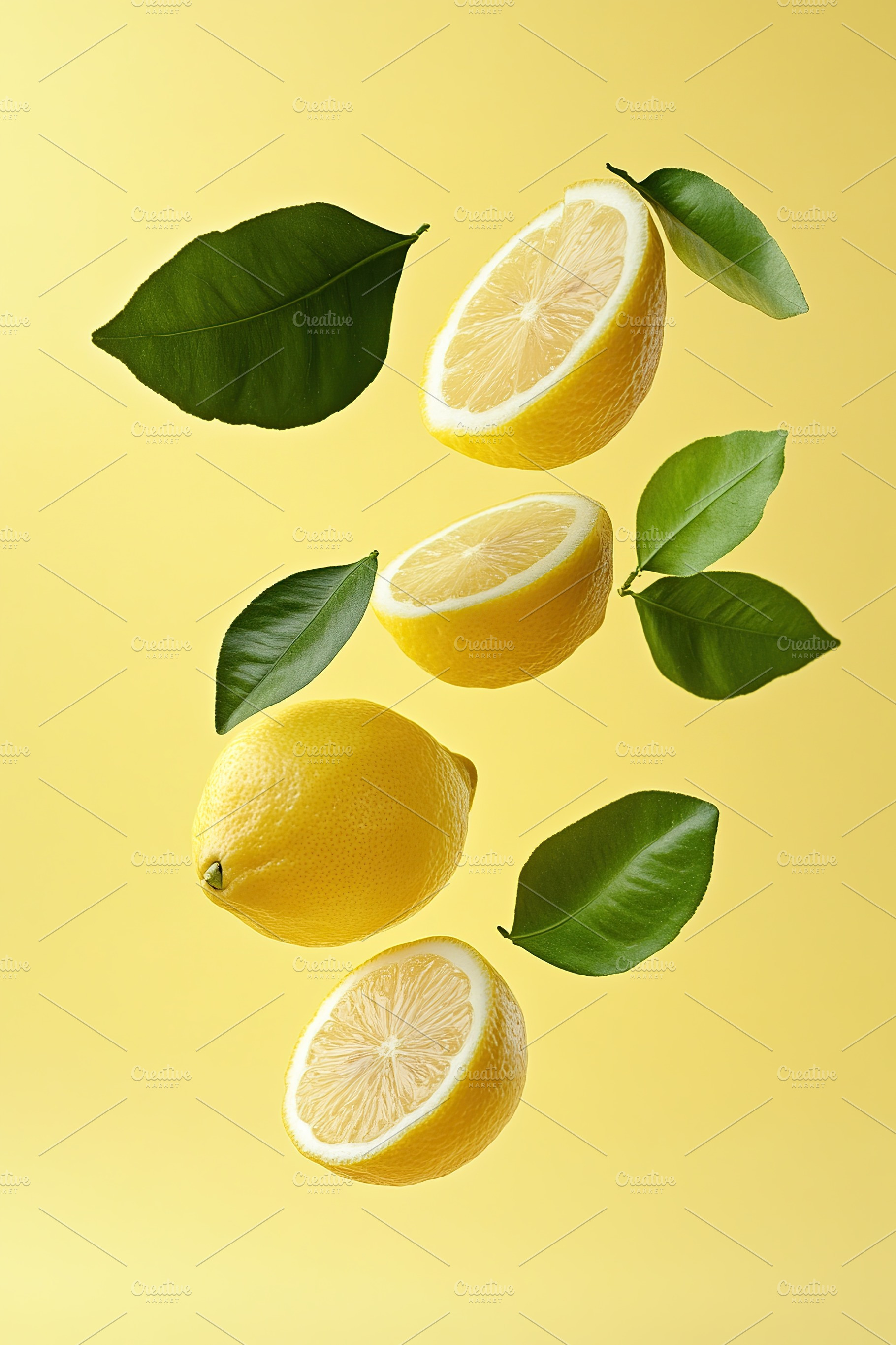 Fresh yellow lemons and green leaves create a vibrant kitchen display on a sunn, a Food & Drink Photo by AlyaAnd