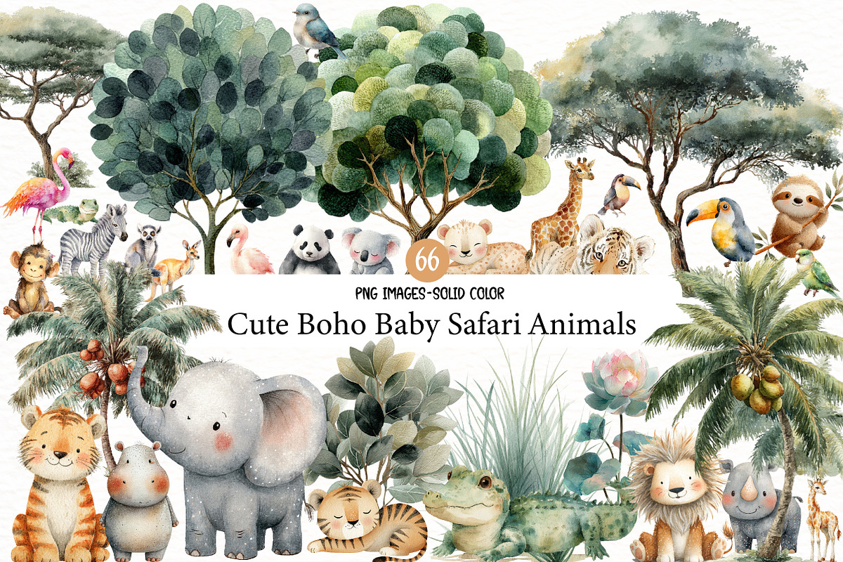 Watercolor Cute Baby Safari Animals, an Illustration by Designworld (Photo 1 of 8)