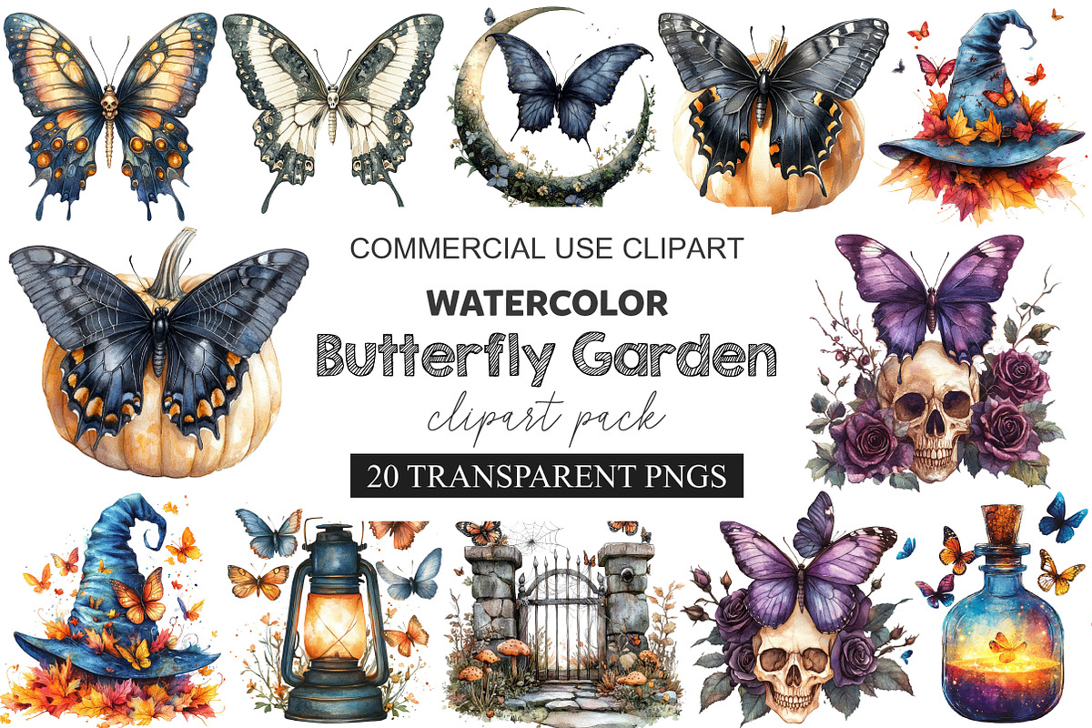 Halloween Butterfly Garden Clipart, a Work Illustration by cherrydesign (Photo 1 of 3)