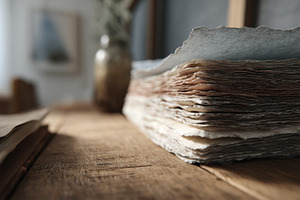 Old stack of handmade paper on table, a Photo by Beautiful things