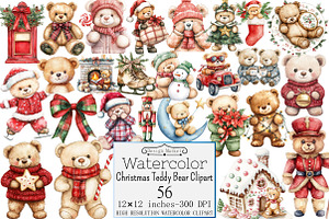 Watercolor Christmas Teddy Bear Clip, a Seasonal Illustration by Design Market