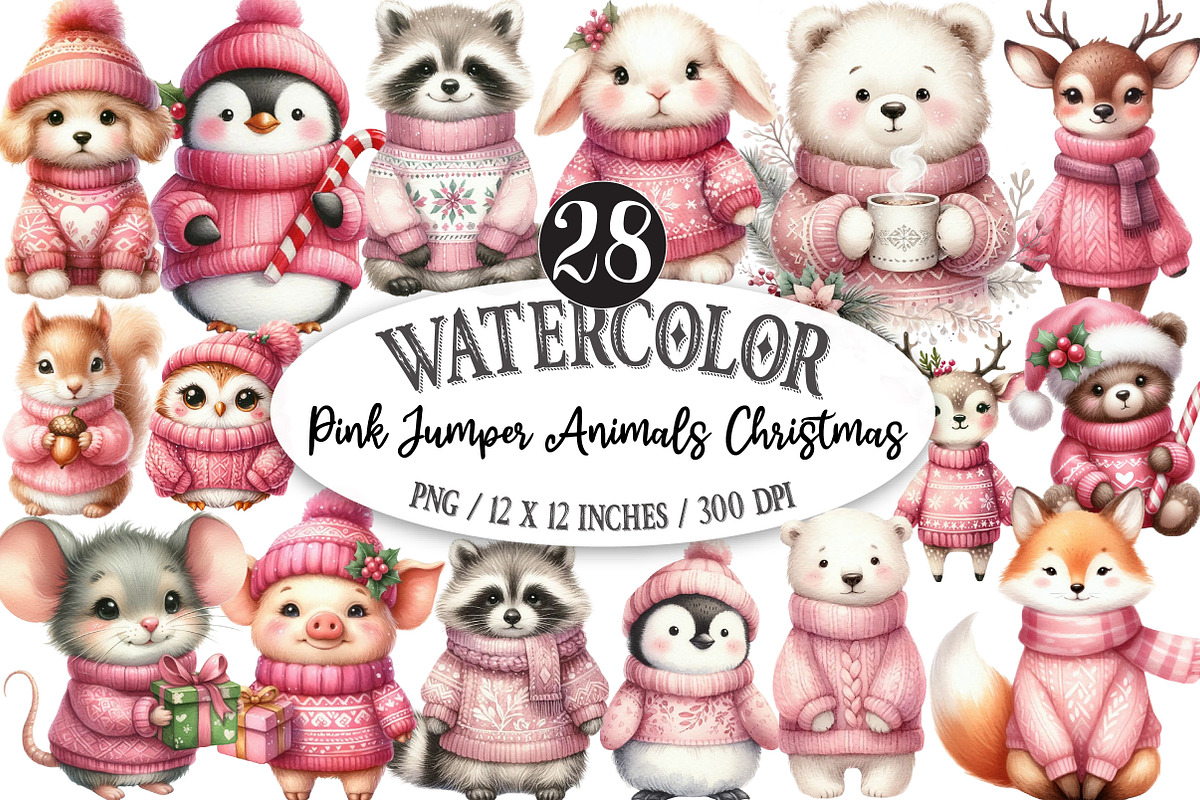 Pink Jumper Animals Christmas, an Illustration by Designking (Photo 1 of 5)