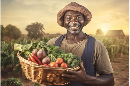 Happy farmer with full basket of, a Food & Drink Photo by Ylivdesign