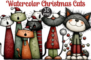 Watercolor Christmas Cats Clipart, an Illustration by Black Bird Studio