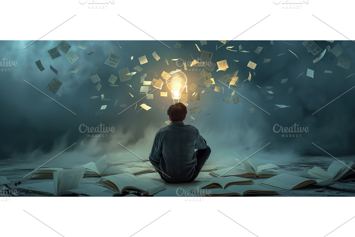 Young thinker amid flying books and, an Education Illustration by BazziBa♥