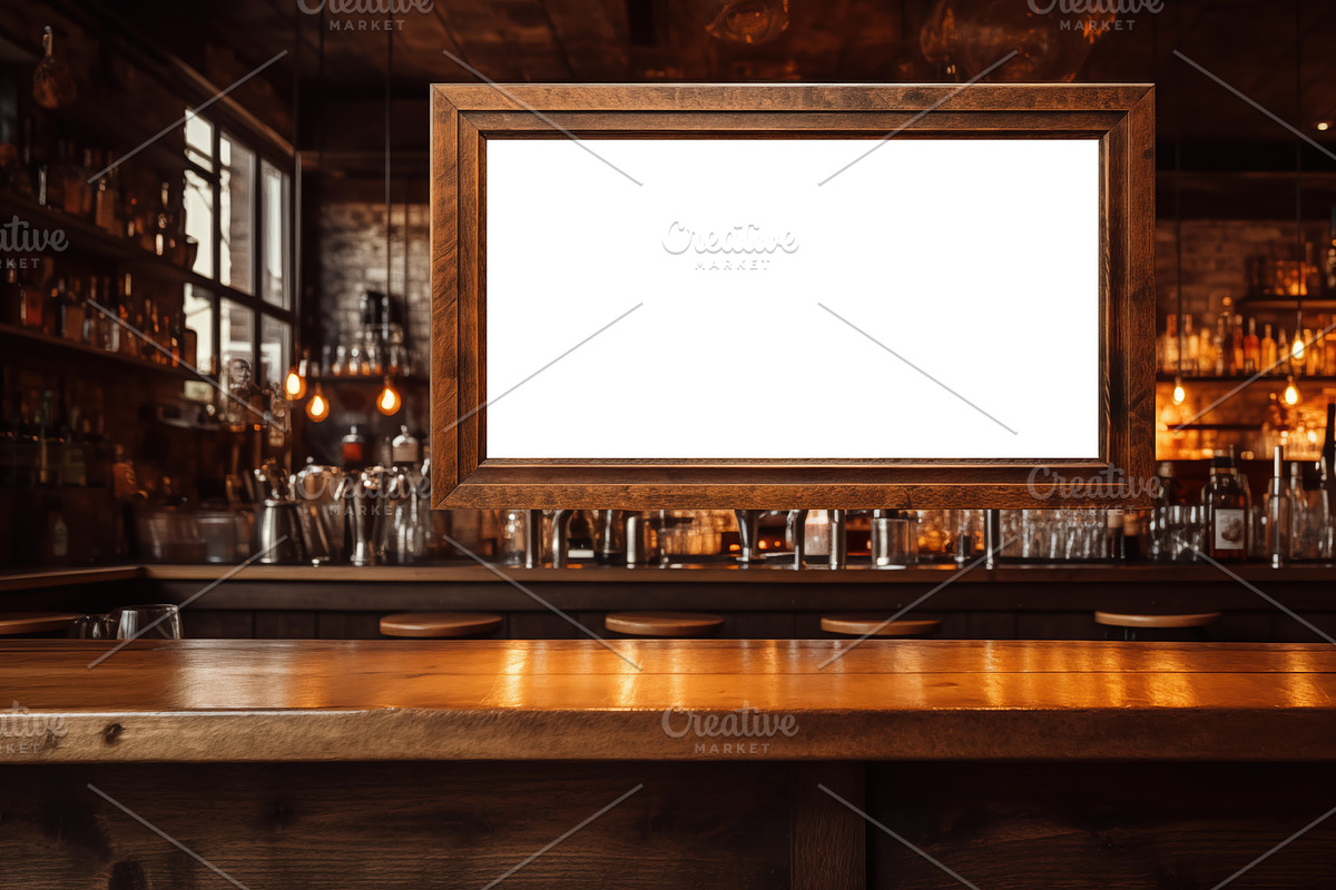 Bar framed canvas mockup. A rustic wooden frame in a cozy bar setting, with a b, a Household Mockup by Textures & Backgrounds