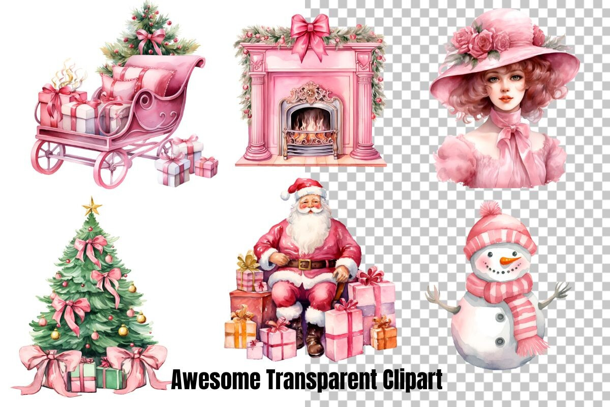 Pink Christmas Watercolor Clipart, a Seasonal Illustration by Gloria Designed It (Photo 2 of 5)