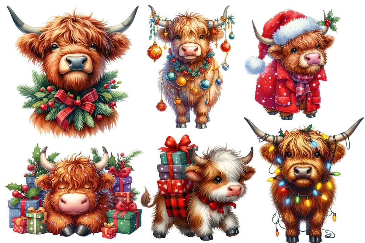 Christmas Highland cow clipart, an Illustration by Designworld (Photo 5 of 6)