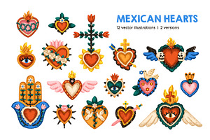 Vintage sacred Mexican hearts set, a Decorative Illustration by Good Studio