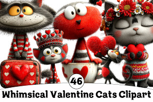 Whimsical Valentine Cats Clipart, an Illustration by Design Market