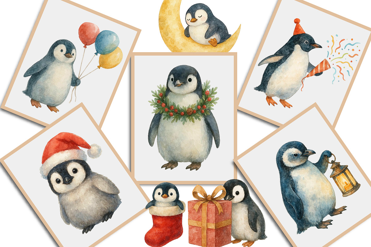 Watercolor Cute Christmas Penguins, an Illustration by Creative Art (Photo 4 of 10)