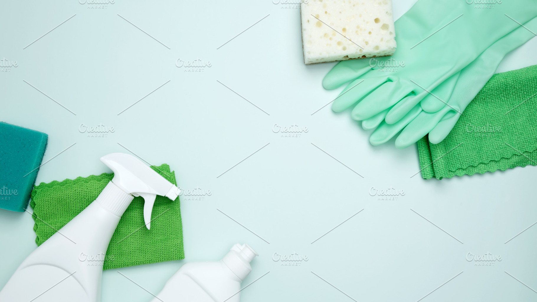 Concept of cleanliness and hygiene. Cleaning supplies and tools, including bott, a Photo by matucha