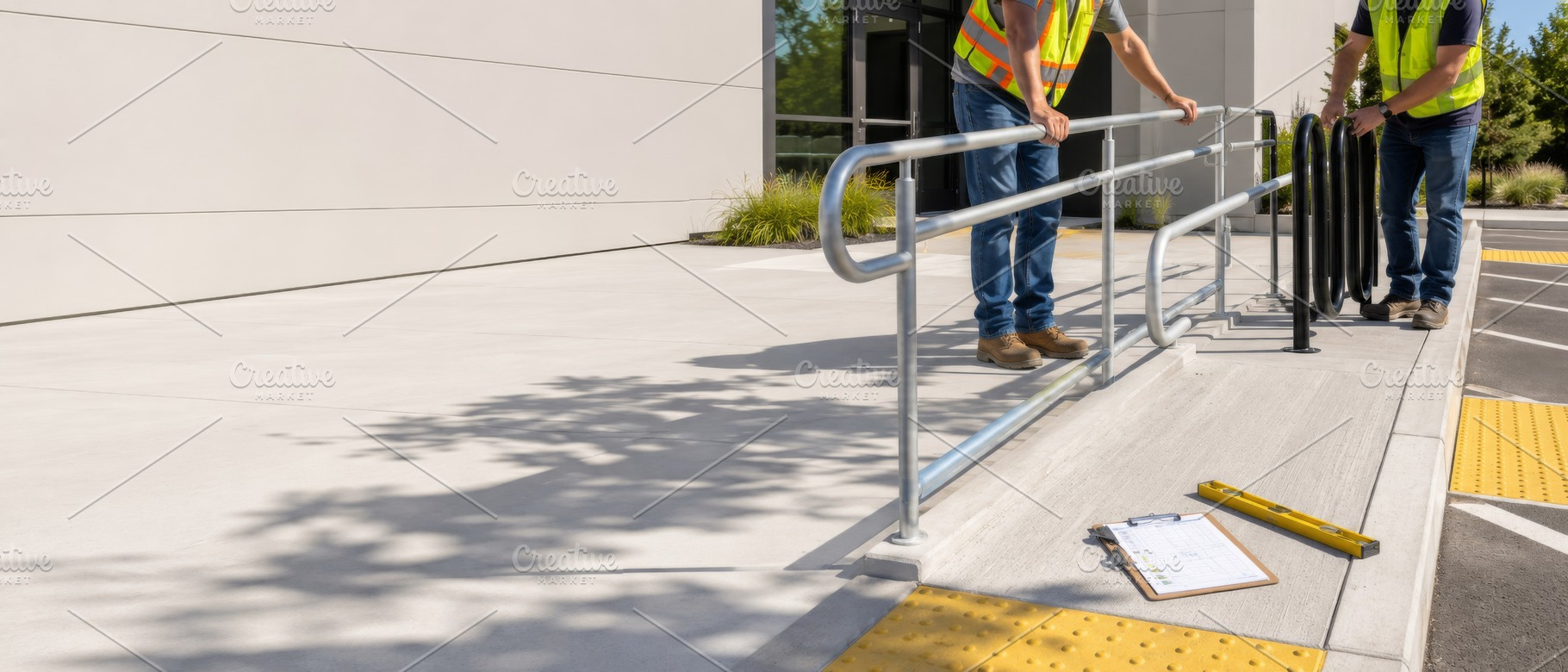 Construction workers install handrai, a Photo by Dvoevnore photos