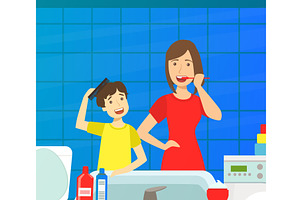 Mother Teaching Son to Clean Teeth, a Person Illustration by TopVectors