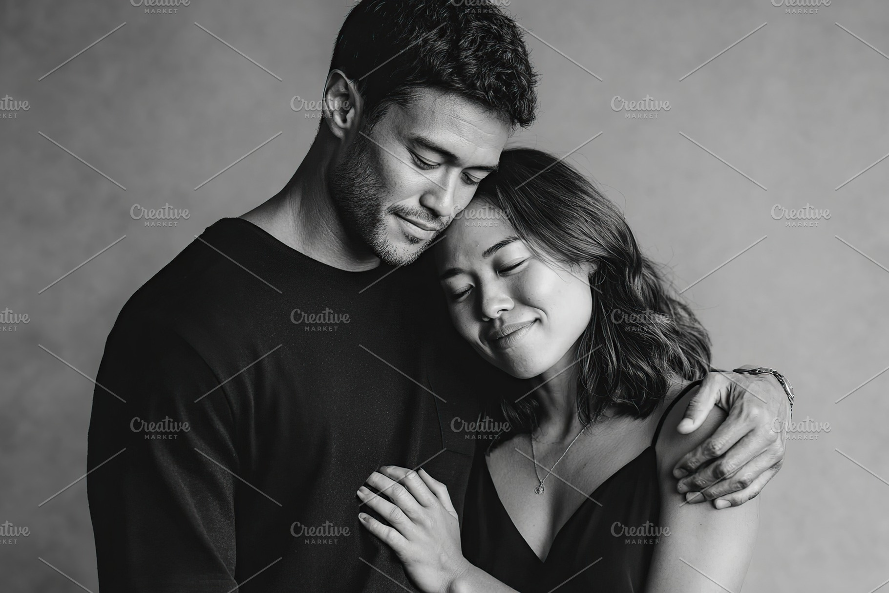 Couple embraces tenderly in a cozy, intimate studio setting, a Person Photo by AlyaAnd