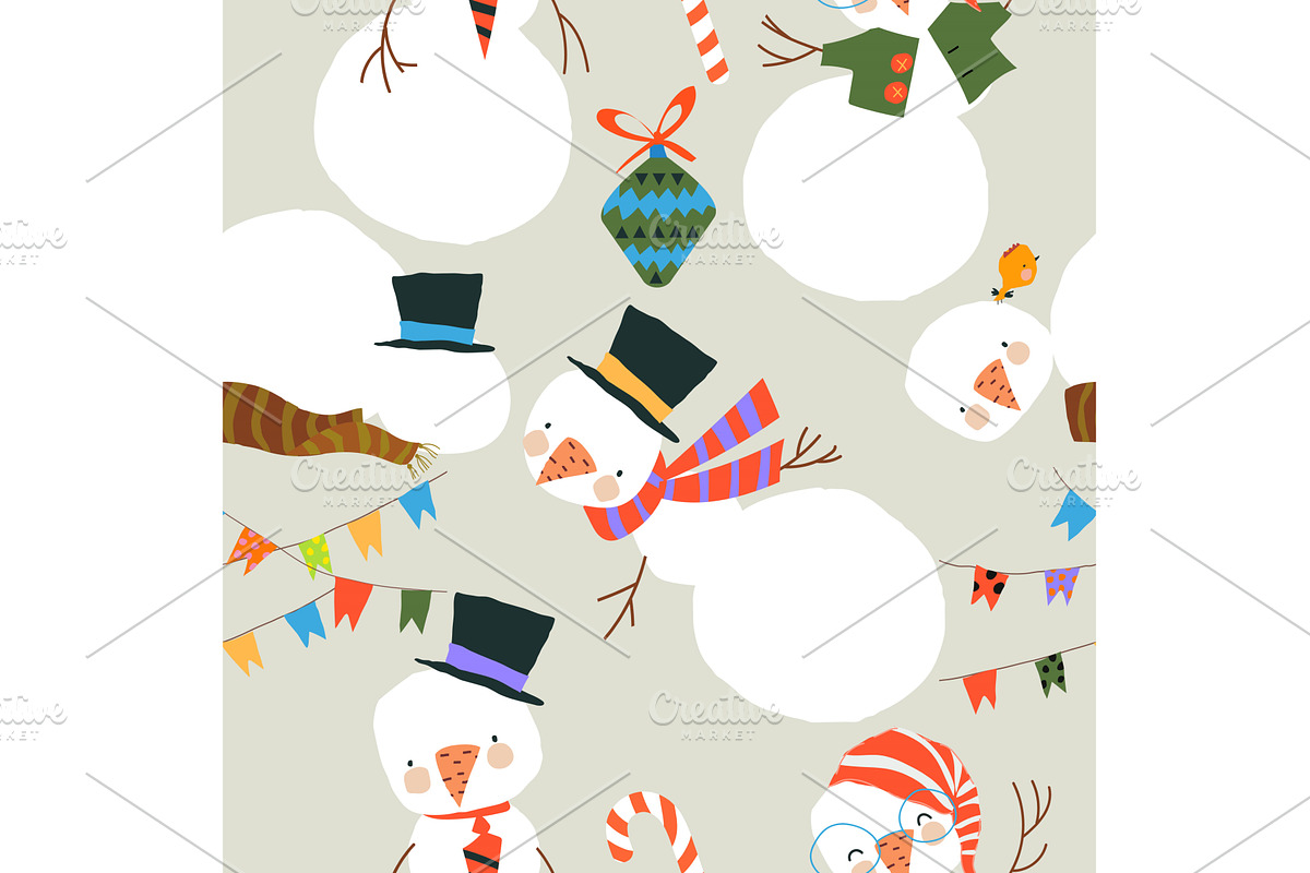 Seamless Pattern With Cute Snowmen, an Object Illustration by Maria Starus
