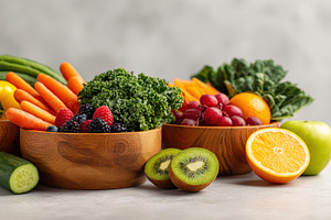 Fresh fruits and vegetables on kitchen counter, a Food & Drink Photo by AlyaAnd