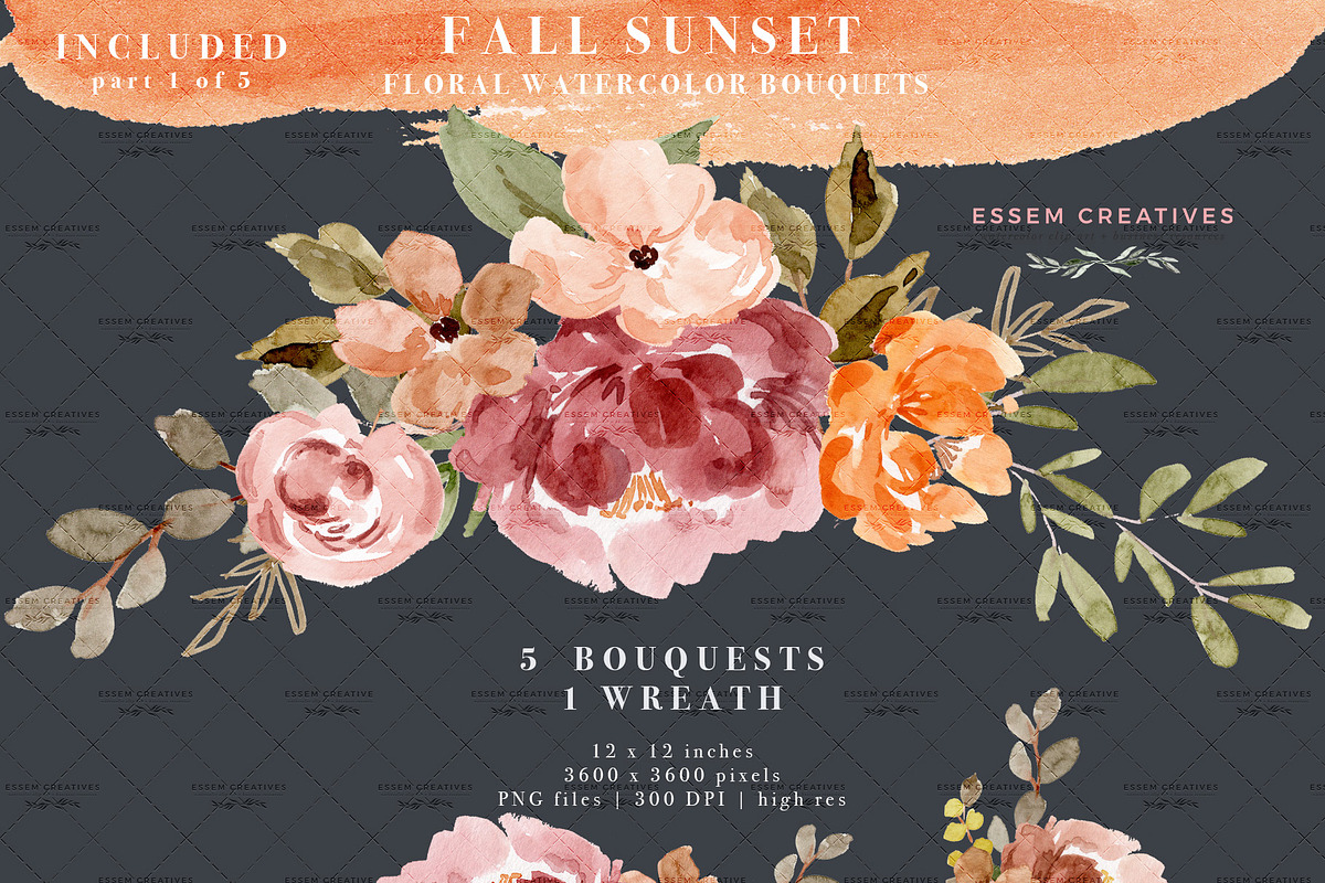 Orange Pink Fall Watercolor Flowers, an Illustration by Essem Creatives (Photo 4 of 12)