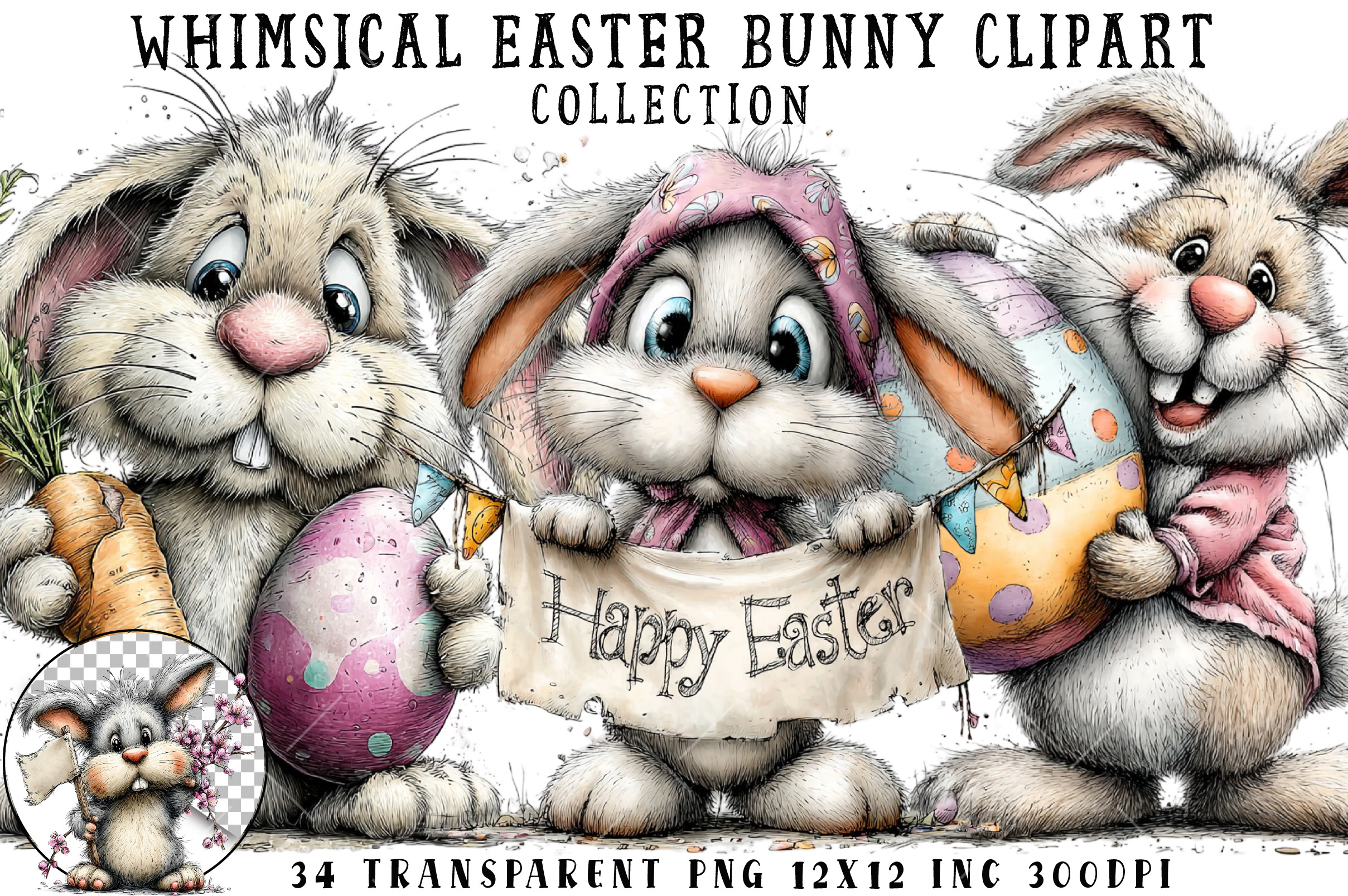 Whimsical Easter Bunny Clipart, an Illustration by OK Design