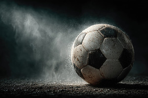 Worn soccer ball on dark wet ground with dramatic dust and spotl, a Sports & Recreation Photo by José Manuel Gelpi