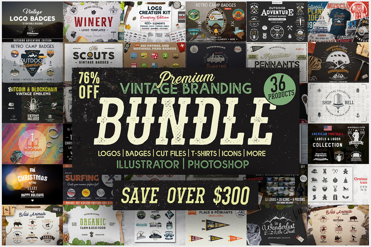 Vintage Brand Mega Bundle 76% OFF, a Branding & Logo Template by JeksonGraphics (Photo 1 of 9)