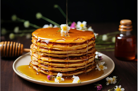 Sticky Pancakes honey. Generate Ai, a Food & Drink Photo by Ylivdesign