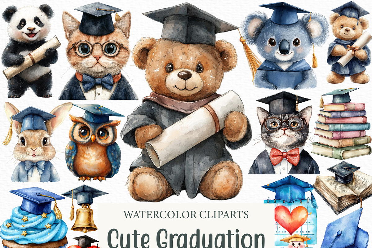 Watercolor Cute Graduation Clipart, an Illustration by Craft Nest (Photo 1 of 6)