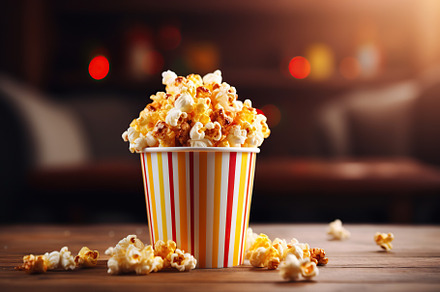 Paper cup with popcorn on wooden background, a Food & Drink Photo by AlyaAnd