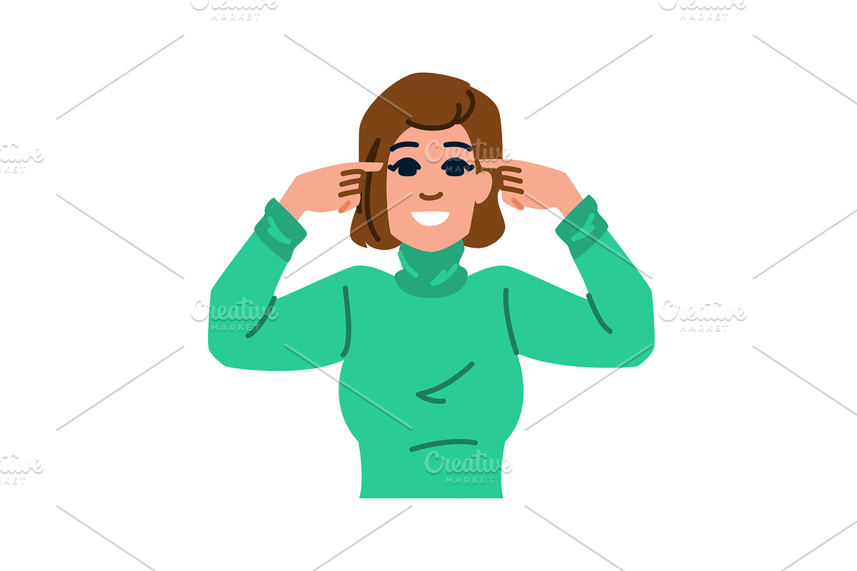 Young woman pointing at her temples, an Illustration by pikepicture