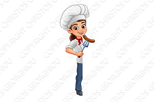 Cartoon Female Chef Peeking With, a Food Illustration by Christos Georghiou
