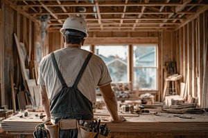 Carpenter in a new house constructio, a Photo by Pixeness Studio