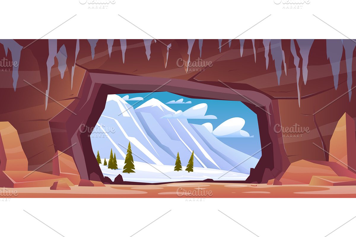 View from stone cave onto winter, an Illustration by Vectorbuum