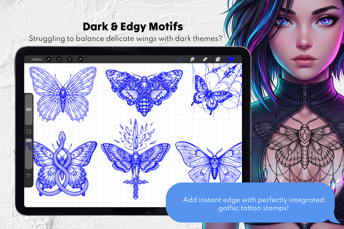Moth & Butterfly Tattoo Stamps, a Brush Add-On by Selentaori Studio (Photo 4 of 9)