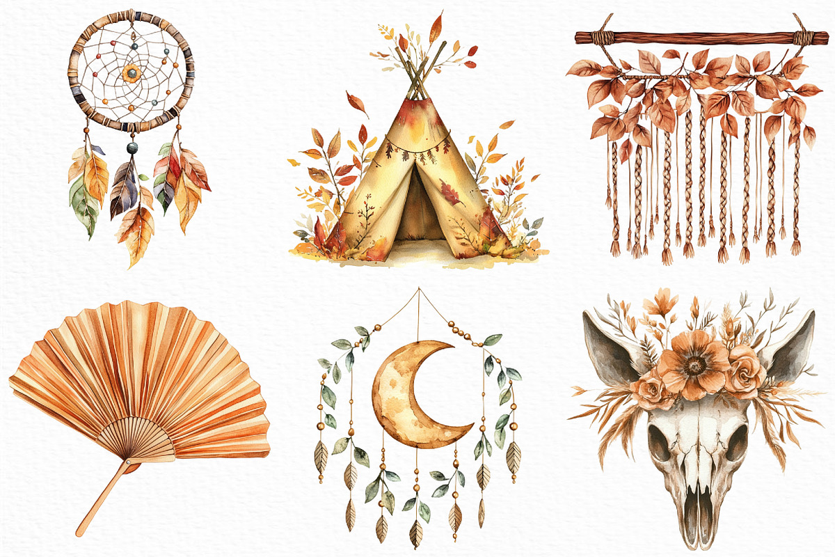 Watercolor Boho Autumn Clipart, an Illustration by Craft Nest (Photo 3 of 6)