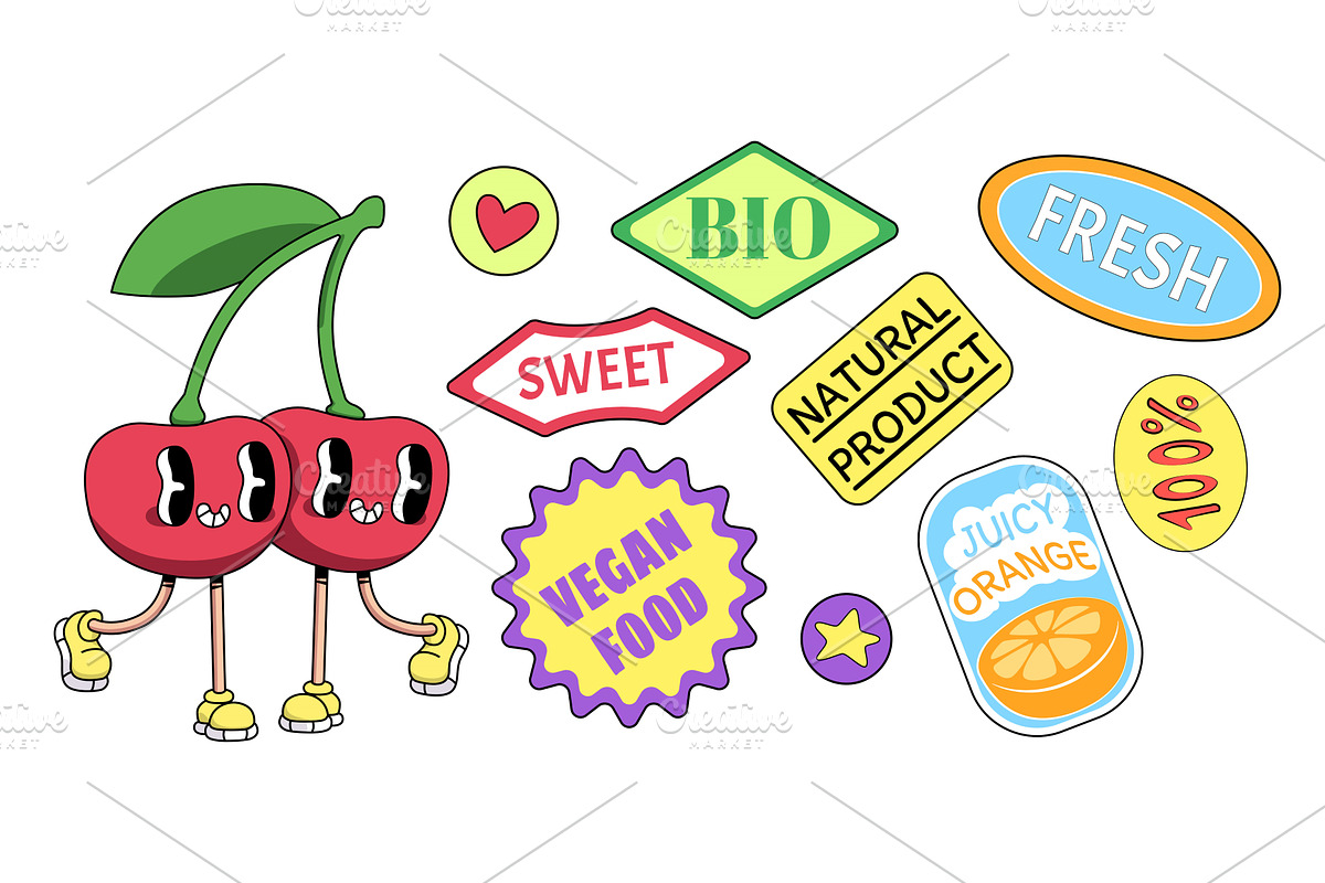 Retro fruit sticker set with quirky, a Food Illustration by art PVP - market