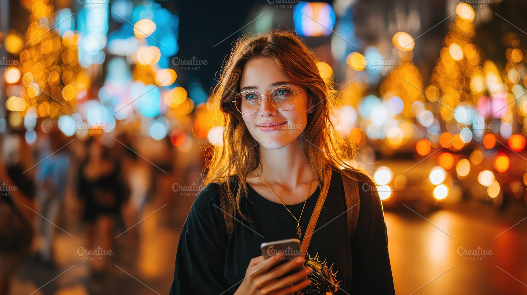 Young woman using phone city lights, a Photo by Pixeness Studio