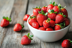 Fresh ripe red strawberries in a bowl on a rustic wooden table background, a Food & Drink Photo by AlyaAnd