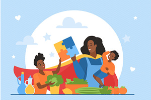 Mother as Superhero with Children, a Person Illustration by Lemberg Vector