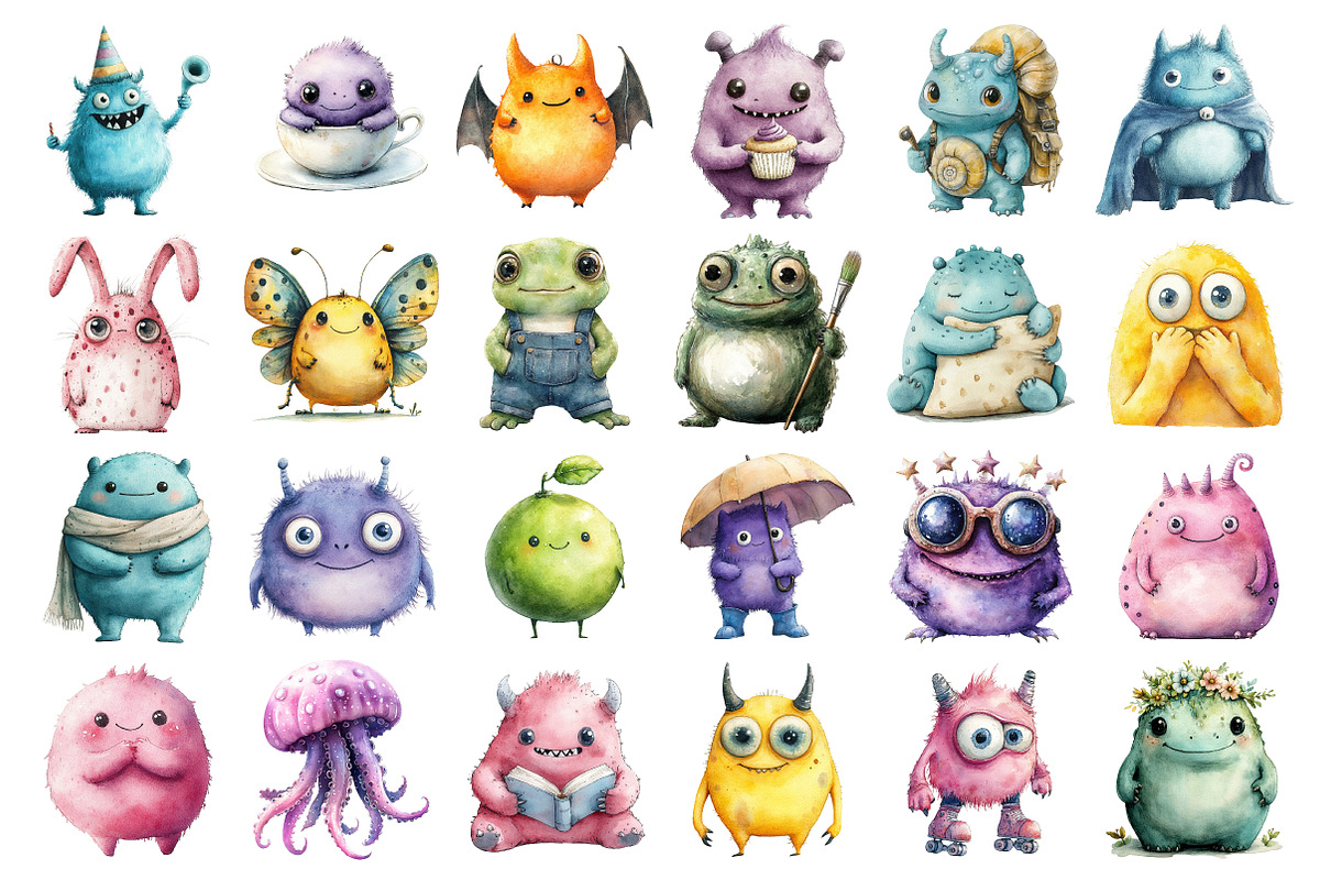 Cute Monsters Watercolor Clipart, an Illustration by Daily.Designs (Photo 2 of 4)