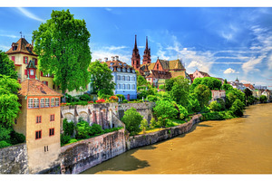 Old town of Basel with the cathedral above the Rhine river, an Architecture Photo by Leonid Andronov